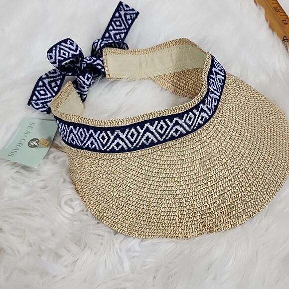 Sea Grass Straw Visor with Navy and White Ribbon - Picture 1 of 15